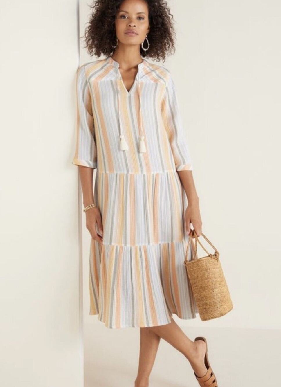 Soft Surroundings Women size PXS Rainbow Striped Tasseled Layered Midi Dress